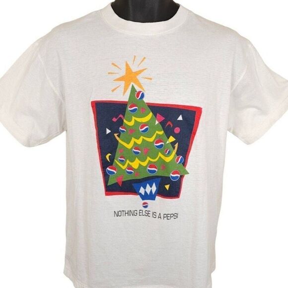 Vintage Pepsi Christmas T Shirt Mens Size Medium White 90s Holiday Tree - Picture 1 of 7